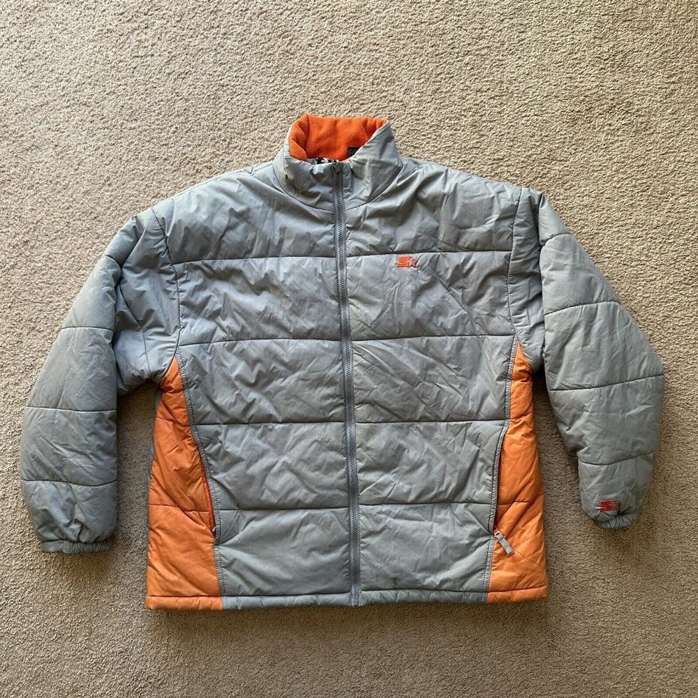 Starter Jacket Mens XL Full Zip Down Fill Mock Neck Grey Orange Winter Pockets